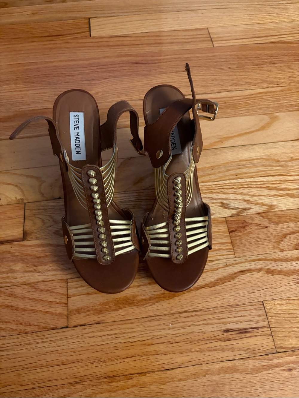 Steve Madden Brown and Gold Strappy T‑Bar Heels( Worn 1x)